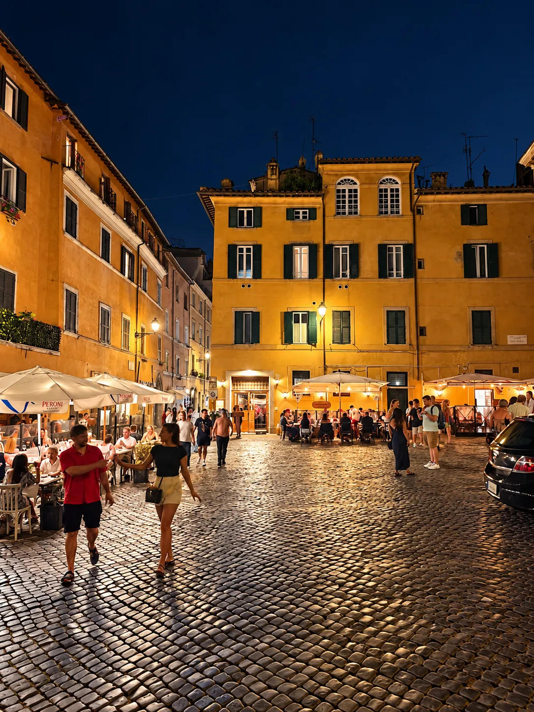 Una piazza di Trastevere di sera